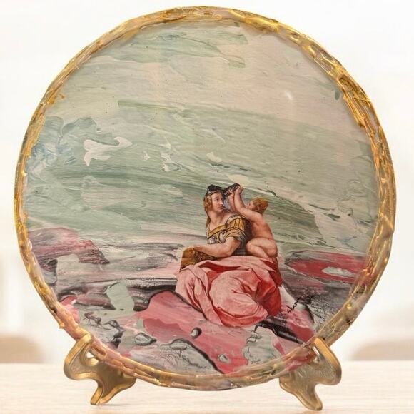 Mini Handmade Circle Paintings and Collage Framed w/ Gold Colored Edges - Picture 3 of 10